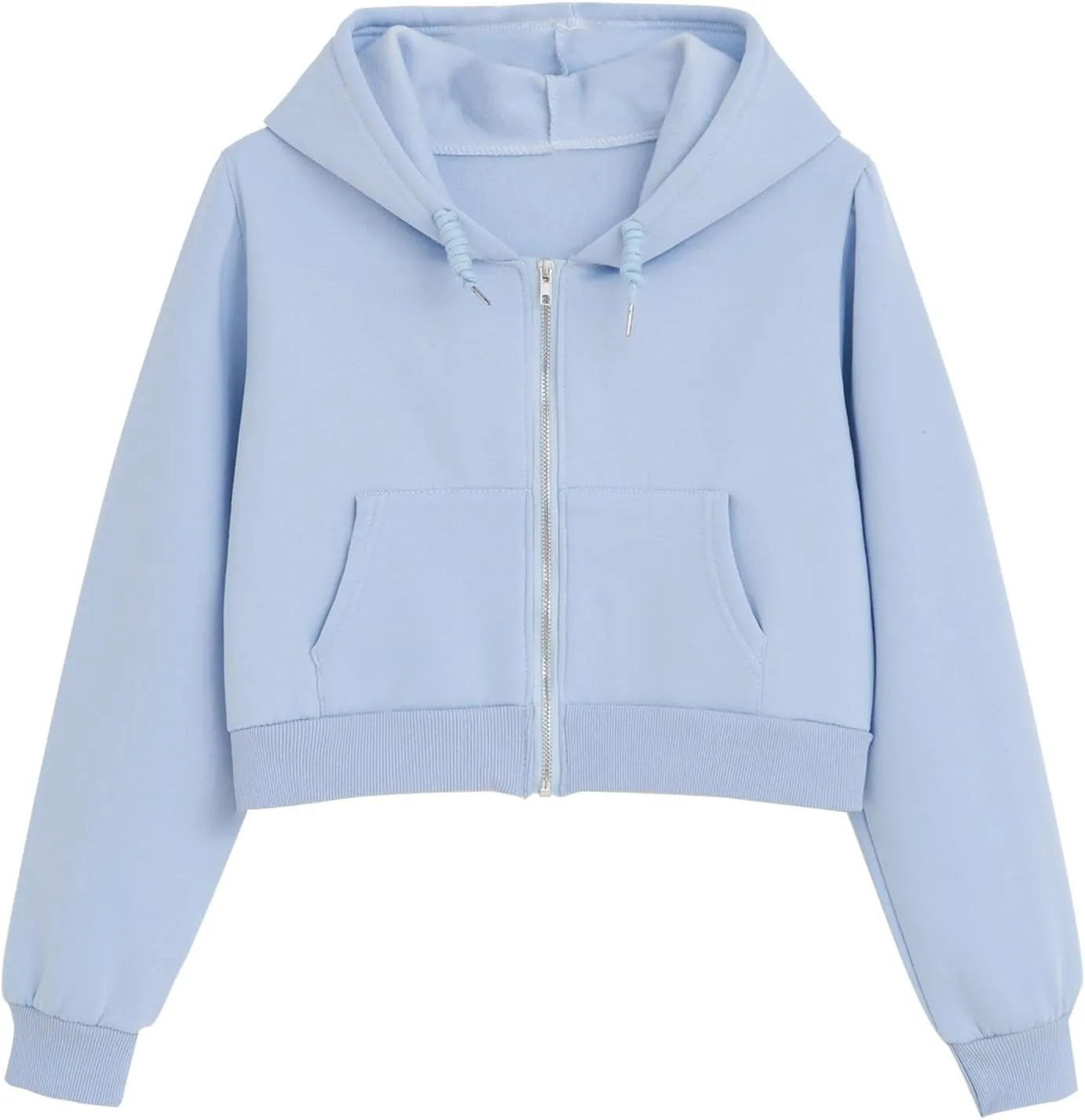 Fleece Cropped Zip Up Hoodie for Women Cute Drawstring Hooded Sweatshirts Casual Solid Crop Jacket Top with Pockets