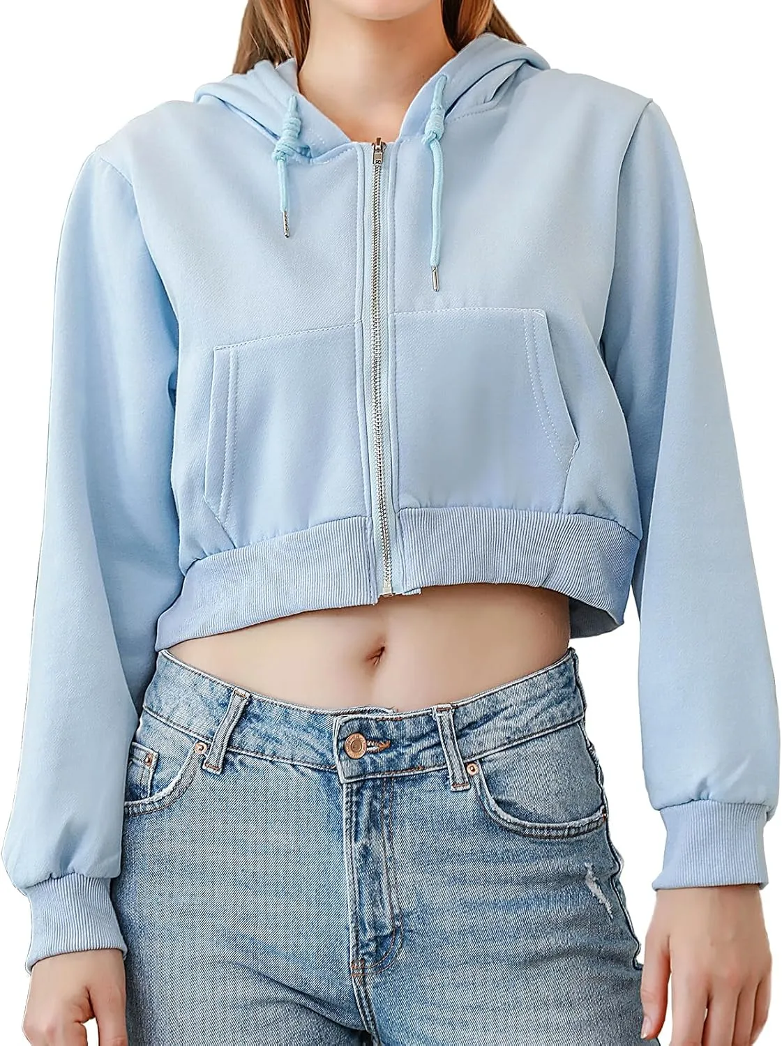 Fleece Cropped Zip Up Hoodie for Women Cute Drawstring Hooded Sweatshirts Casual Solid Crop Jacket Top with Pockets