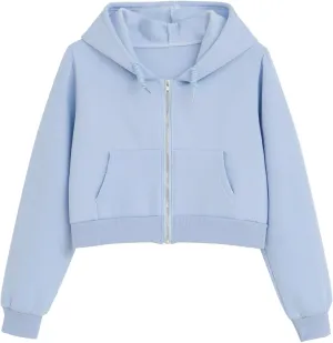 Fleece Cropped Zip Up Hoodie for Women Cute Drawstring Hooded Sweatshirts Casual Solid Crop Jacket Top with Pockets
