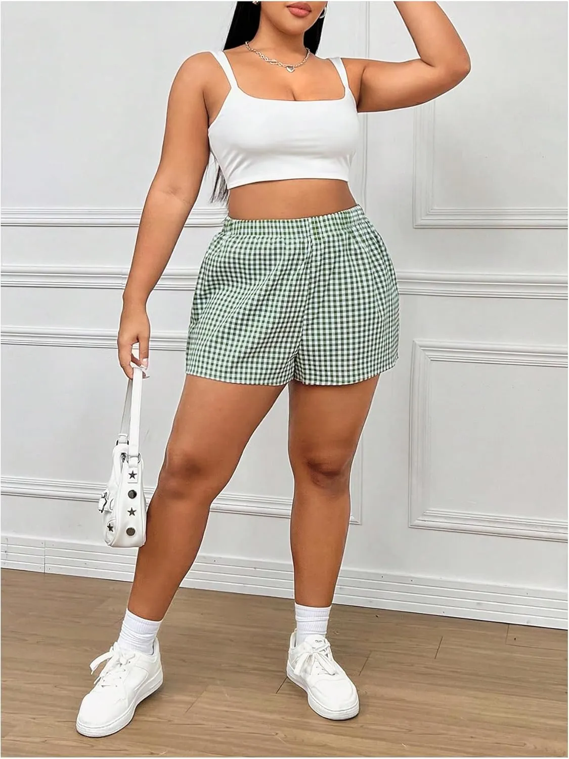 Floerns Women's Plus Size Loose Fit Gingham Plaid Elastic Waist High Waisted Shorts