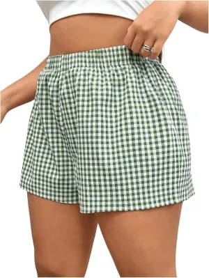 Floerns Women's Plus Size Loose Fit Gingham Plaid Elastic Waist High Waisted Shorts