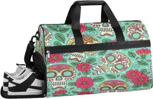 Floral Skull Sports Gym Bag with Wet Pocket & Shoes Compartment Waterproof Workout Duffel Bag for Women and Men Weekender Overnight Duffle Bag Travel Carry-on Tote