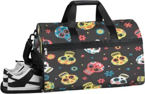 Floral Sugar Skull Sports Gym Bag with Wet Pocket & Shoes Compartment Waterproof Workout Duffel Bag for Women and Men Weekender Overnight Duffle Bag Travel Carry-on Tote