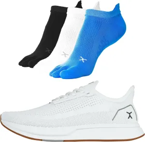 FLUX FOOTWEAR Adapt Bundle  Womens Zero-Drop Running Shoes with Knit Upper & UltraFlex Midsole   3-Pack Small No-Show Toe Socks  Lightweight, Breathable, and Versatile  White/Gum RN - W6.5/M5