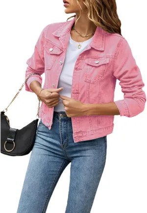 FULA-bao Women Button Down Jean Jacket Basic Long Sleeve Slim Fitted Denim Trucker Jacket Coat with Pocket