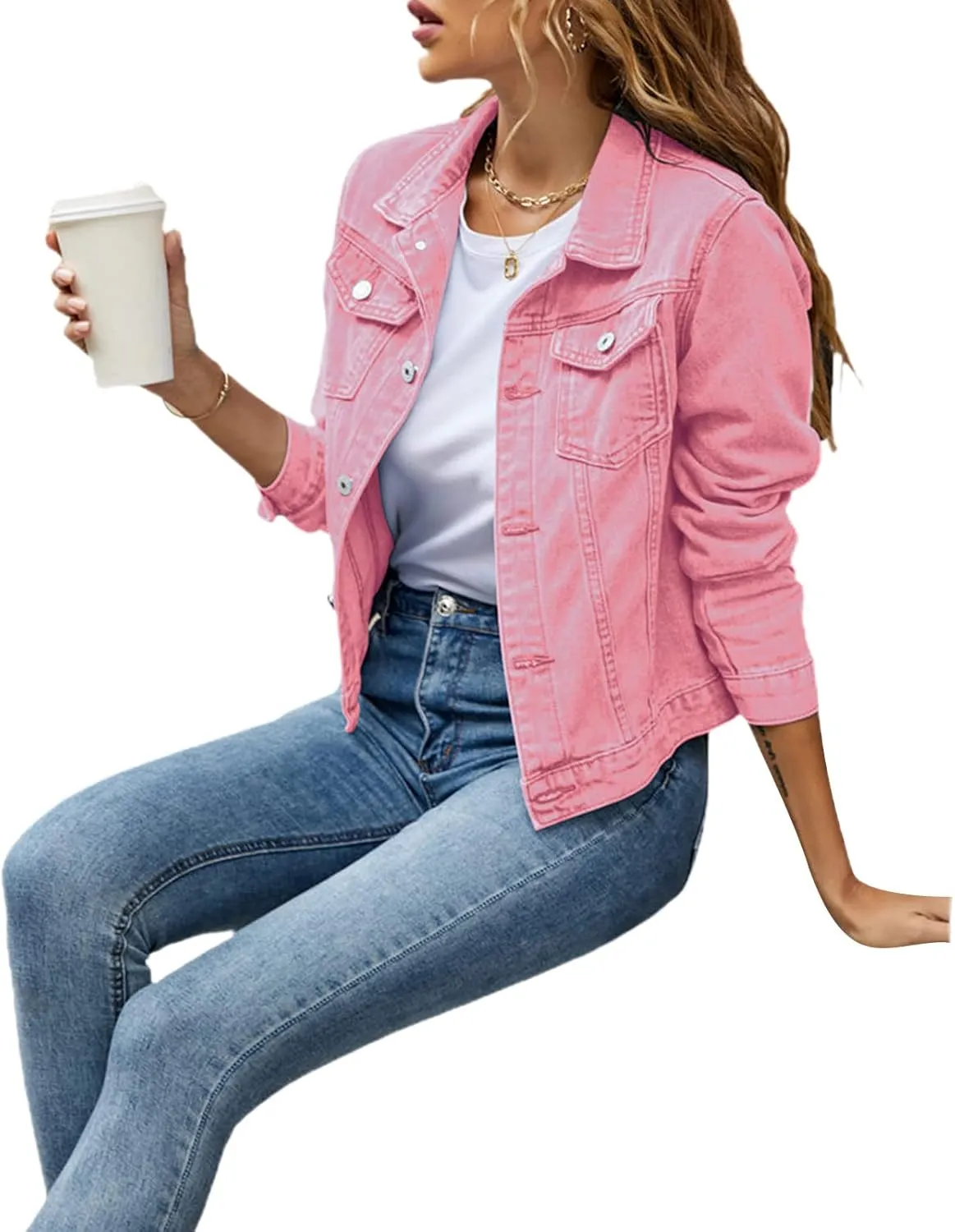 FULA-bao Women Button Down Jean Jacket Basic Long Sleeve Slim Fitted Denim Trucker Jacket Coat with Pocket