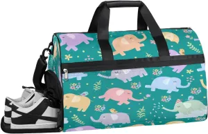 Funny Elephant Birds And Flowers Sports Gym Bag with Wet Pocket & Shoes Compartment Waterproof Workout Duffel Bag for Women and Men Weekender Overnight Duffle Bag Travel Carry-on Tote
