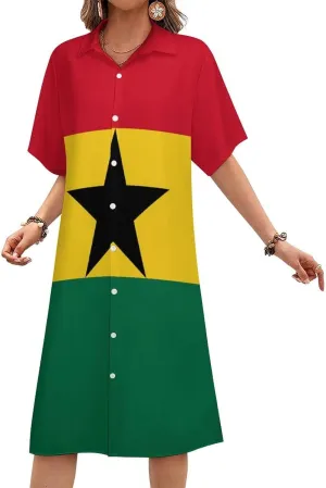 Ghana Flag Womens Button Down Shirt Dresses Cute Button Up Short Sleeve Blouse Tops