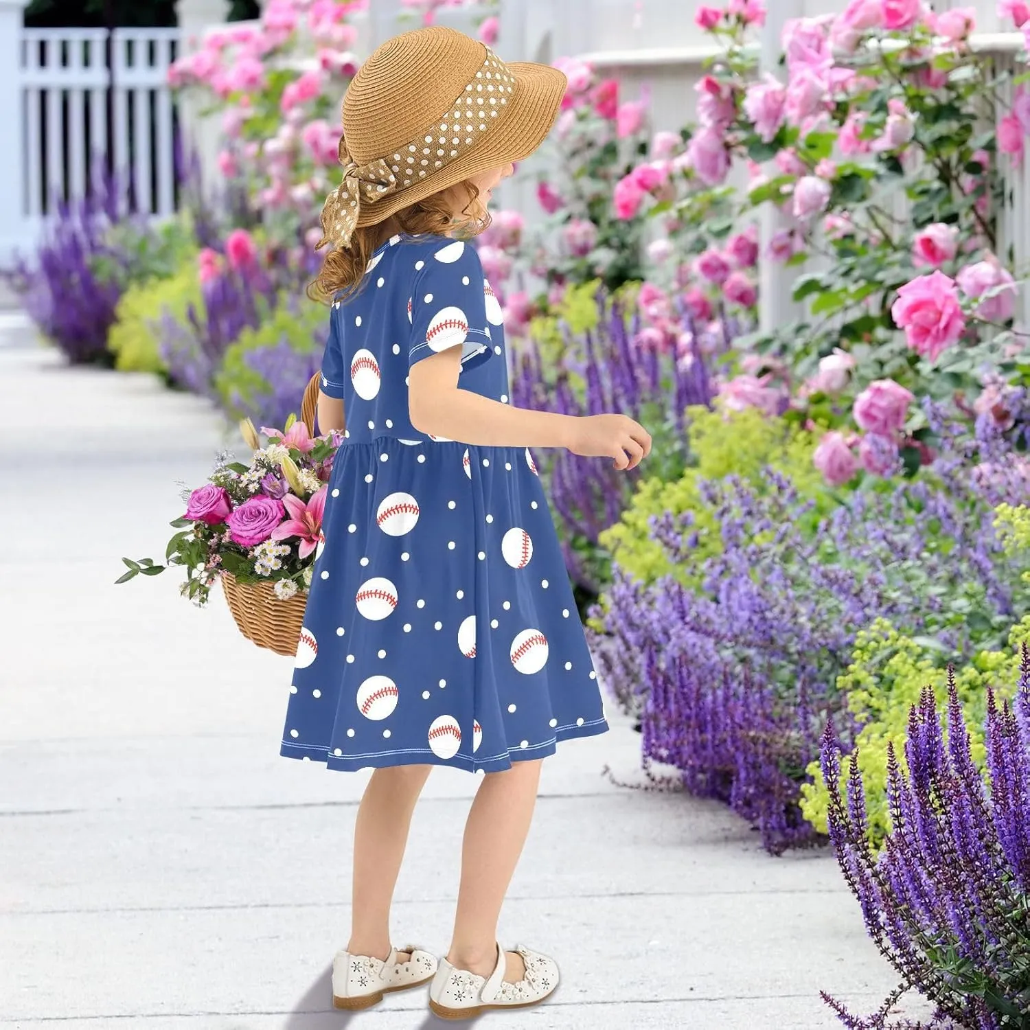 Girls' Dresses Baseball Print Short Sleeve Summer Dress for Toddler Girls 2-8Y