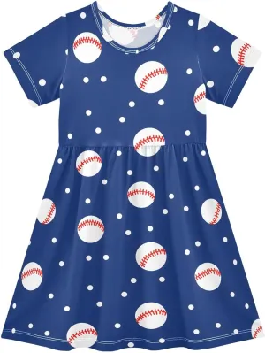 Girls' Dresses Baseball Print Short Sleeve Summer Dress for Toddler Girls 2-8Y