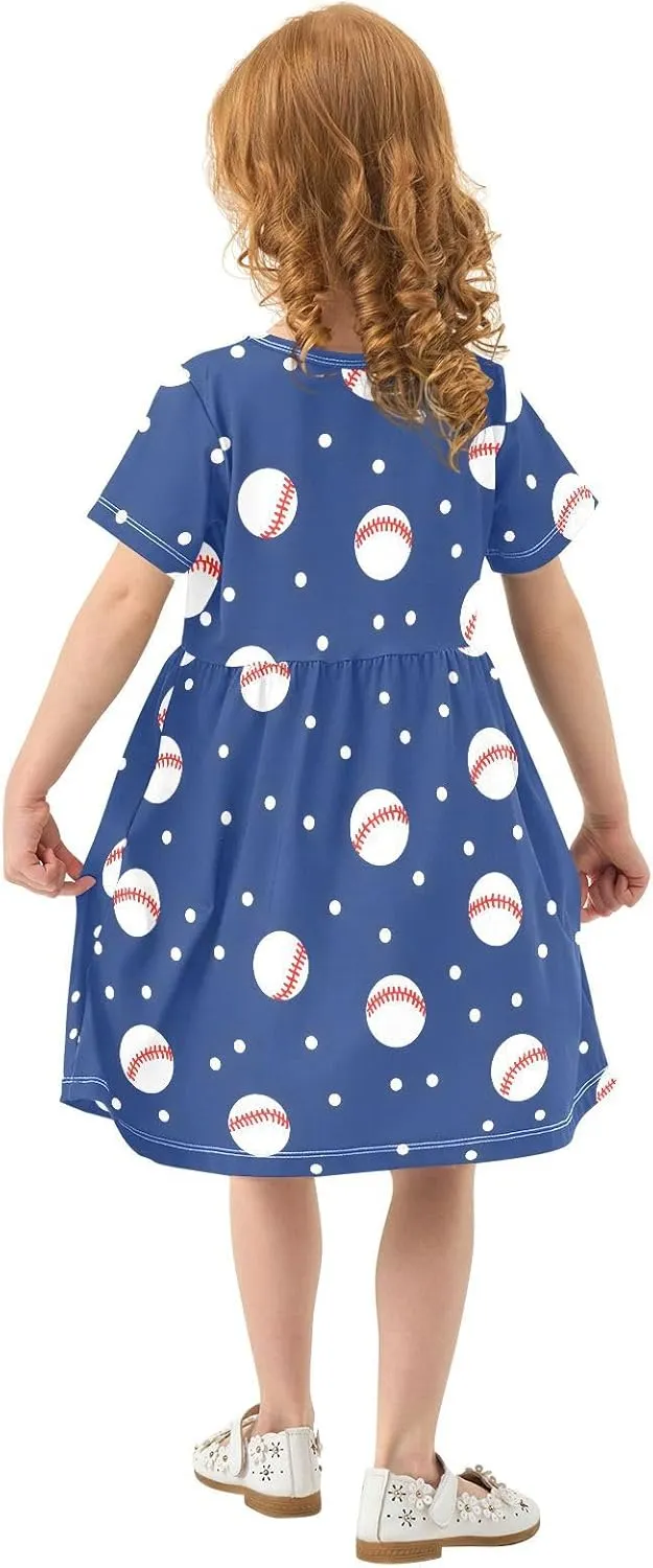 Girls' Dresses Baseball Print Short Sleeve Summer Dress for Toddler Girls 2-8Y