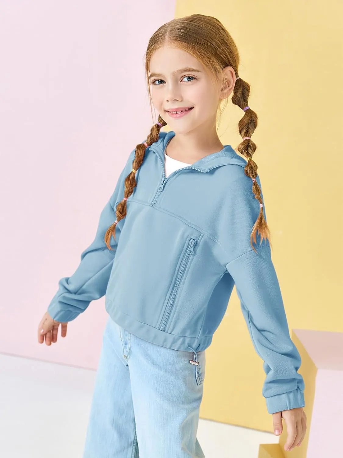 Girls Half Zip Up Hoodies Kids Fashion Loose Hooded Sweatshirts with Pockets 3-14 Years