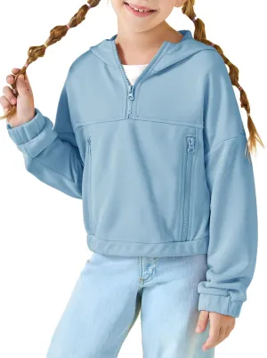 Girls Half Zip Up Hoodies Kids Fashion Loose Hooded Sweatshirts with Pockets 3-14 Years