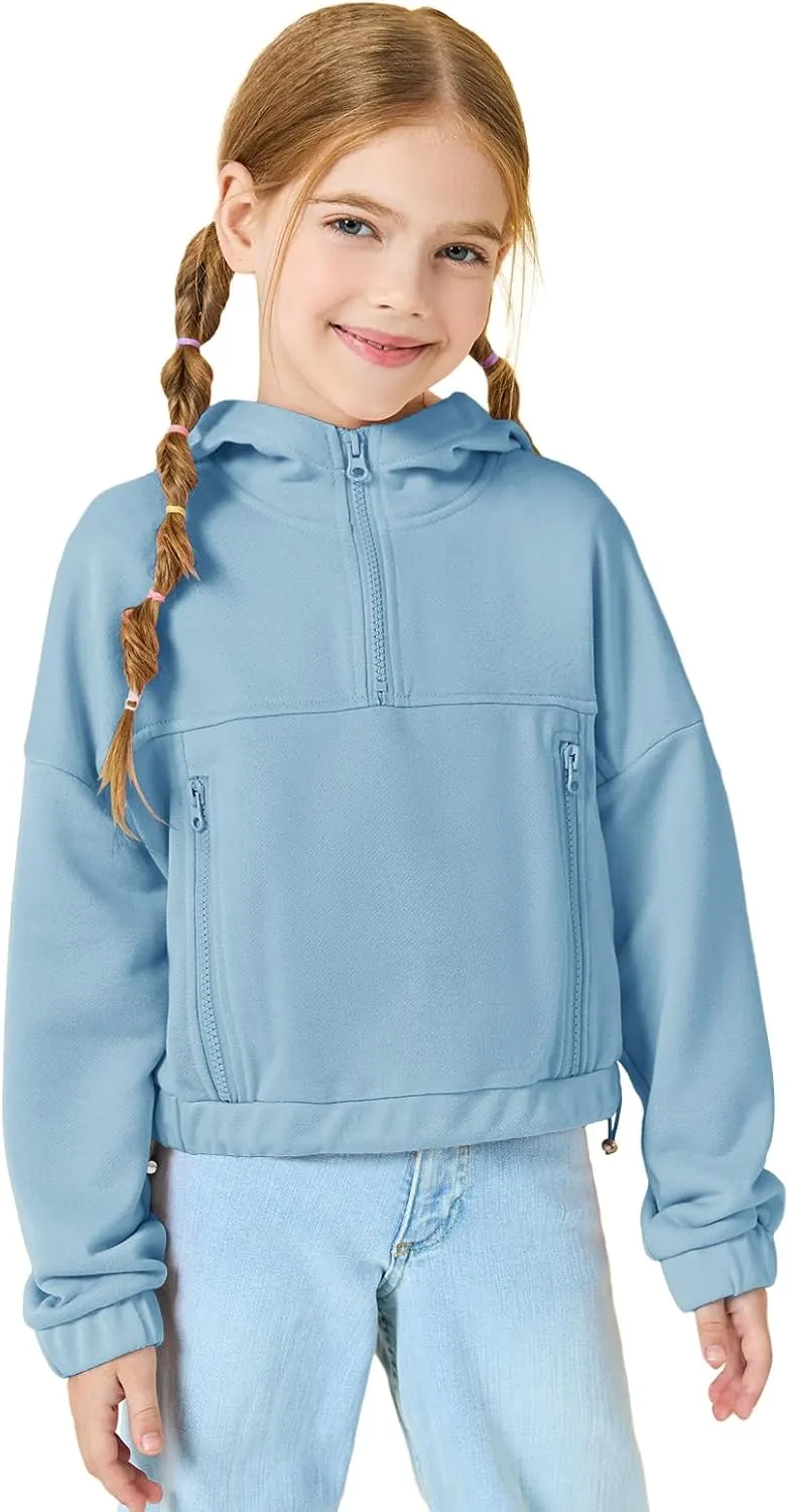 Girls Half Zip Up Hoodies Kids Fashion Loose Hooded Sweatshirts with Pockets 3-14 Years