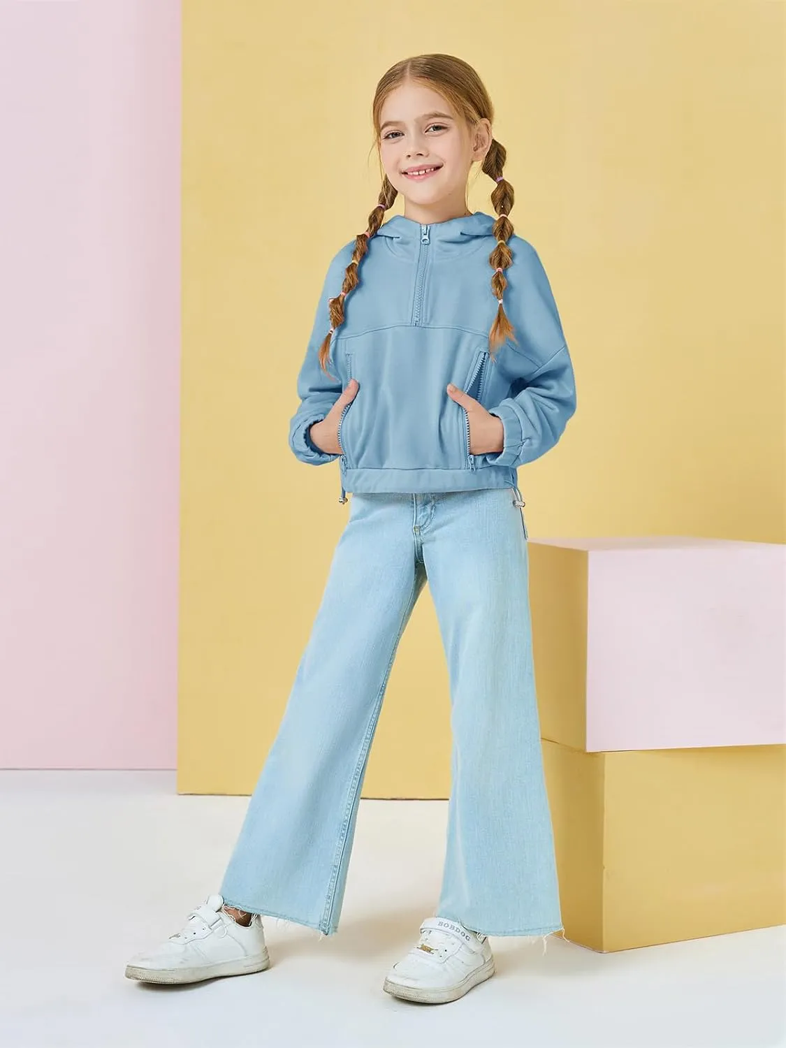 Girls Half Zip Up Hoodies Kids Fashion Loose Hooded Sweatshirts with Pockets 3-14 Years