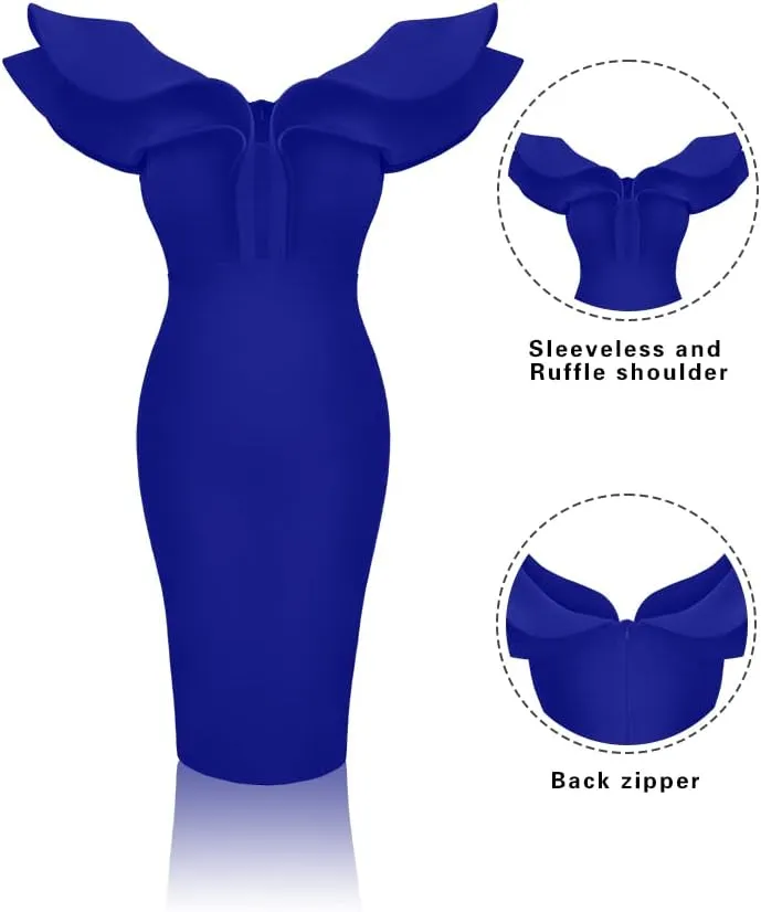 GOBLES Women's Sexy V Neck Ruffle Shoulder Bodycon Club Sleeveless Party Cocktail Midi Dress