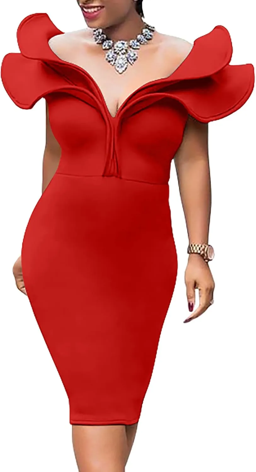 GOBLES Women's Sexy V Neck Ruffle Shoulder Bodycon Club Sleeveless Party Cocktail Midi Dress