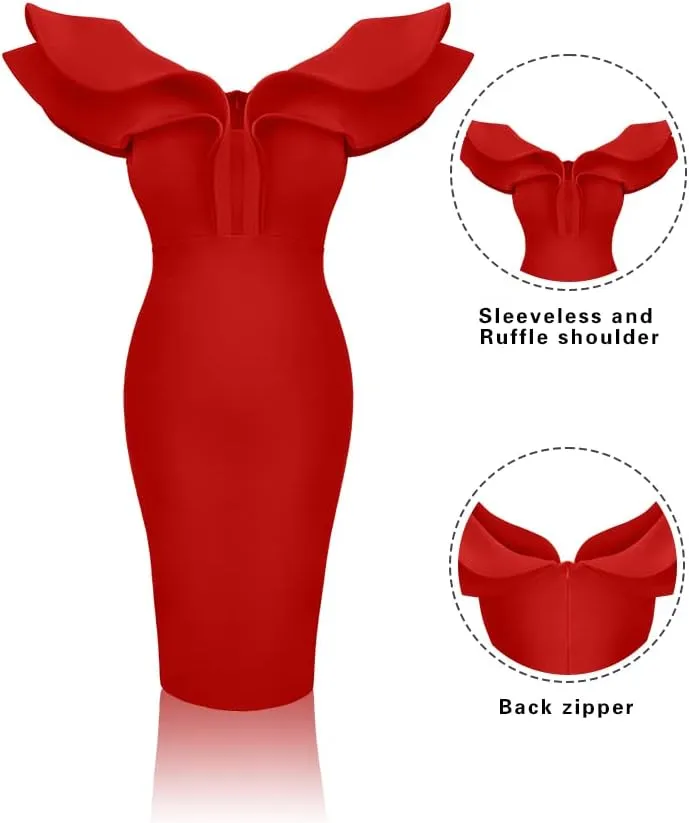 GOBLES Women's Sexy V Neck Ruffle Shoulder Bodycon Club Sleeveless Party Cocktail Midi Dress