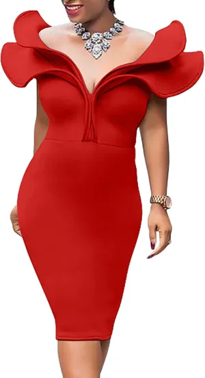 GOBLES Women's Sexy V Neck Ruffle Shoulder Bodycon Club Sleeveless Party Cocktail Midi Dress