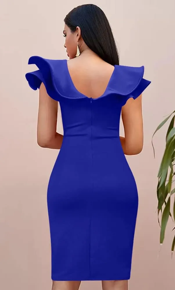 GOBLES Women's Sexy V Neck Ruffle Shoulder Bodycon Club Sleeveless Party Cocktail Midi Dress