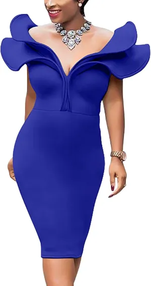 GOBLES Women's Sexy V Neck Ruffle Shoulder Bodycon Club Sleeveless Party Cocktail Midi Dress