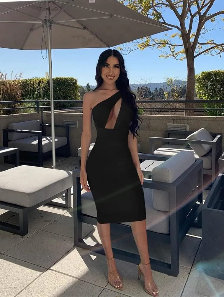 GOKATOSAU Women's Sexy One Shoulder Sleeveless Cut Out Party Club Midi Dress