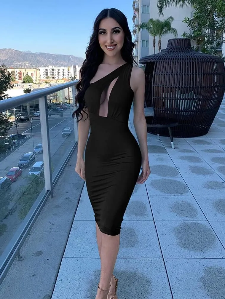 GOKATOSAU Women's Sexy One Shoulder Sleeveless Cut Out Party Club Midi Dress