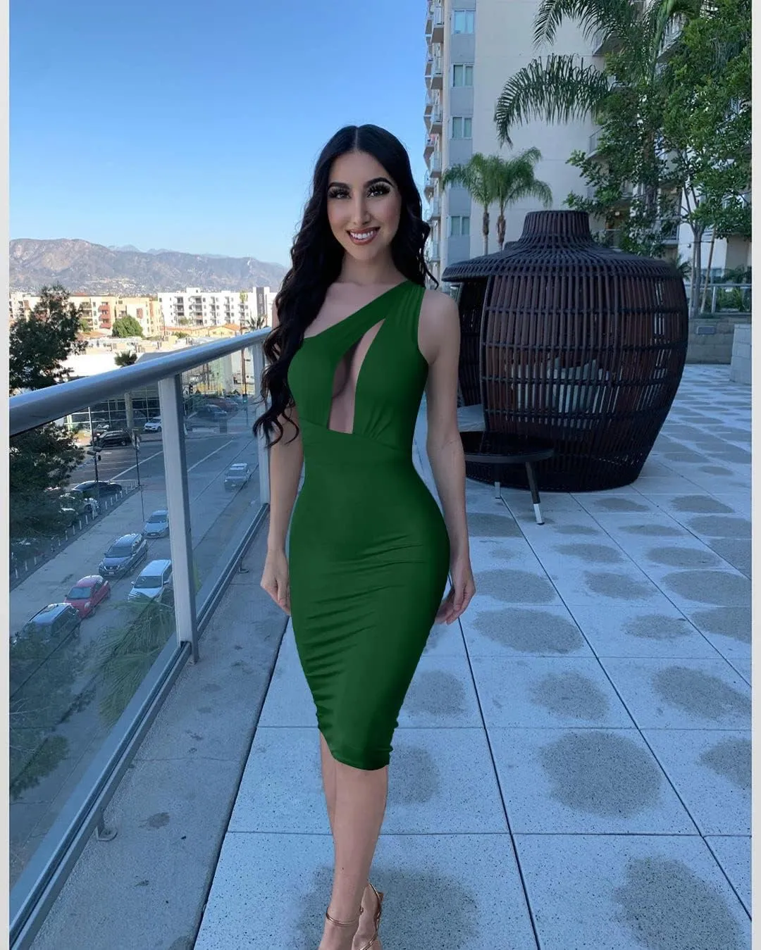 GOKATOSAU Women's Sexy One Shoulder Sleeveless Cut Out Party Club Midi Dress