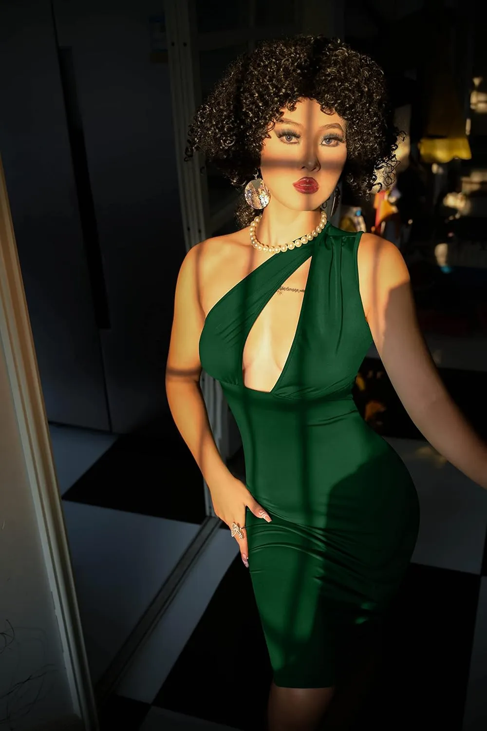 GOKATOSAU Women's Sexy One Shoulder Sleeveless Cut Out Party Club Midi Dress