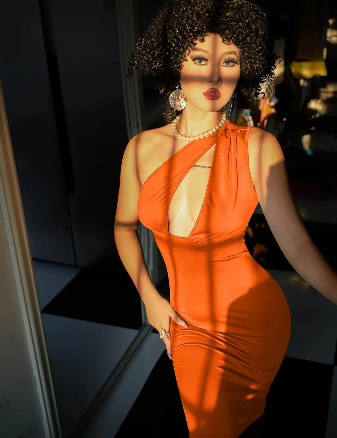 GOKATOSAU Women's Sexy One Shoulder Sleeveless Cut Out Party Club Midi Dress