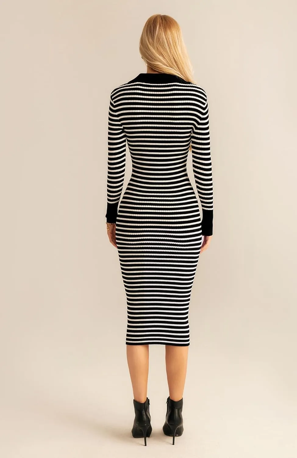 GRACE KARIN Women's Fall Striped Knit Pullover Casual Sweater Dress Sexy V Neck Bodycon Lapel Collar Long Sleeve Midi Dresses