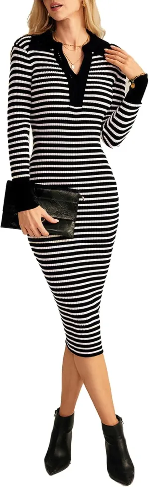 GRACE KARIN Women's Fall Striped Knit Pullover Casual Sweater Dress Sexy V Neck Bodycon Lapel Collar Long Sleeve Midi Dresses