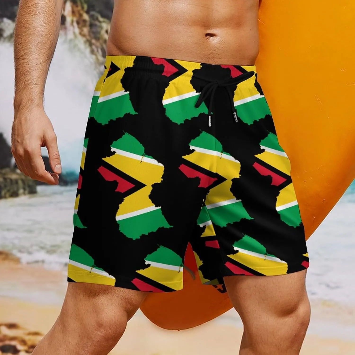 Guyana Flag Map Mens Swim Trunks Quick Dry Swim Shorts with Pockets Funny Beach Shorts