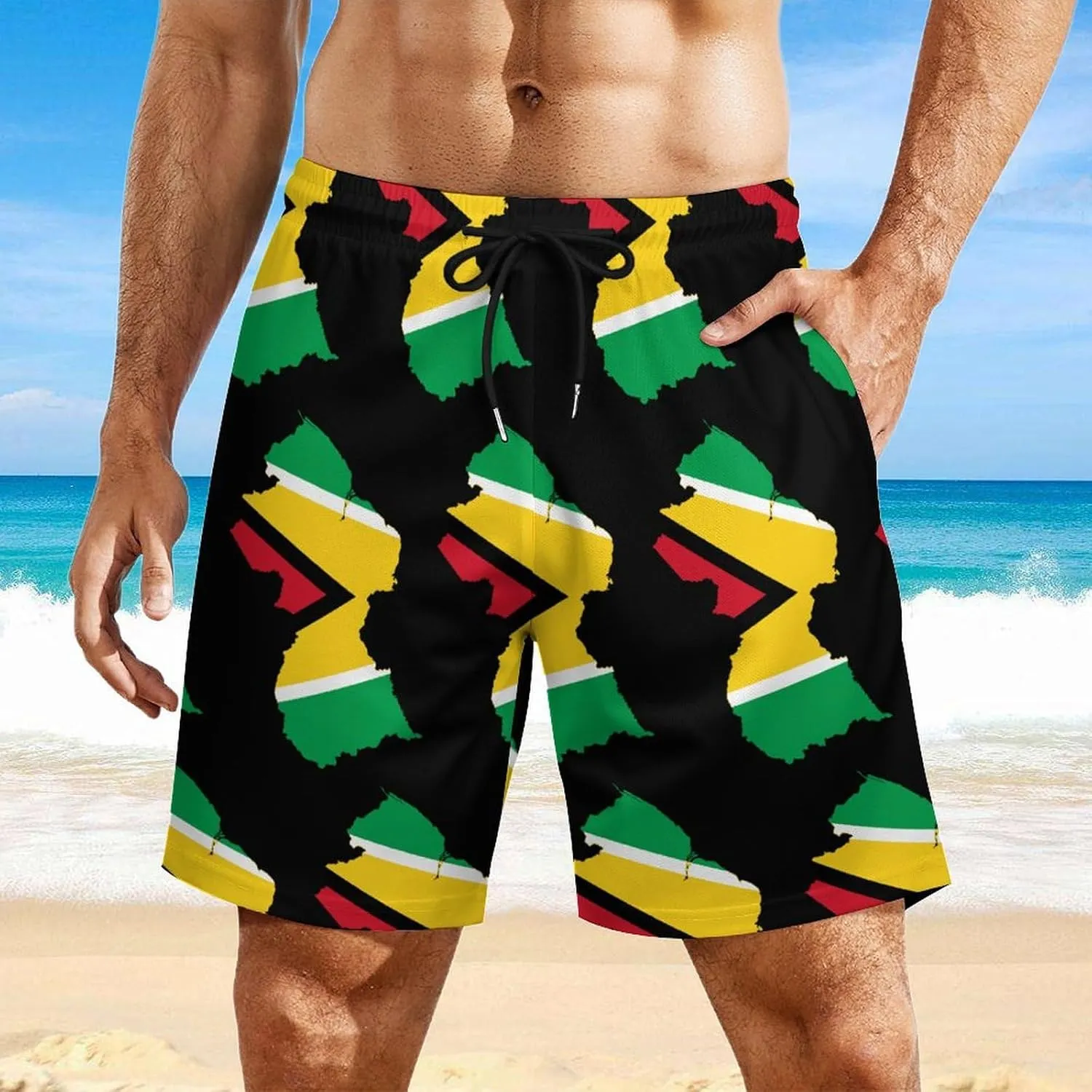 Guyana Flag Map Mens Swim Trunks Quick Dry Swim Shorts with Pockets Funny Beach Shorts