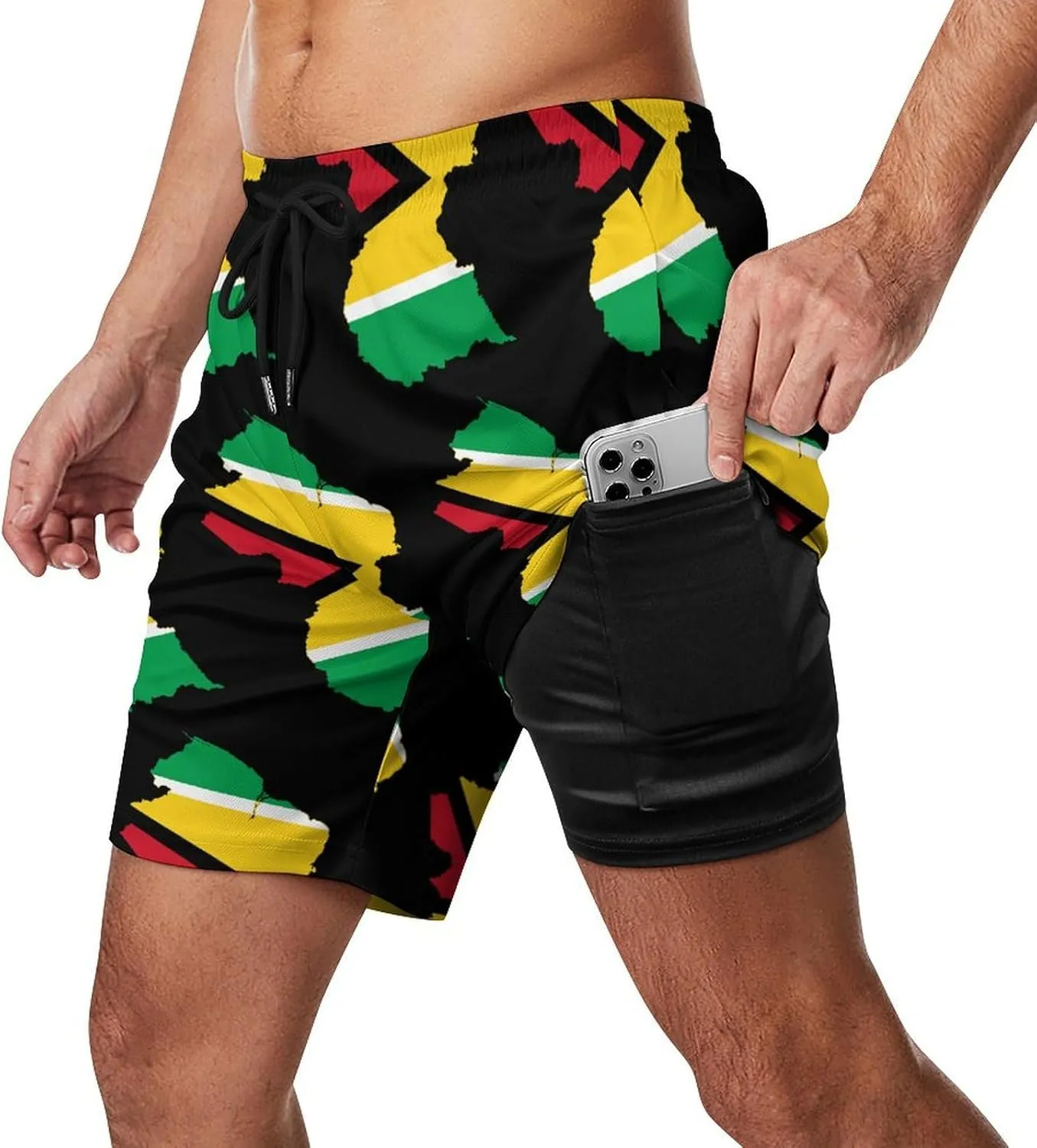 Guyana Flag Map Mens Swim Trunks Quick Dry Swim Shorts with Pockets Funny Beach Shorts