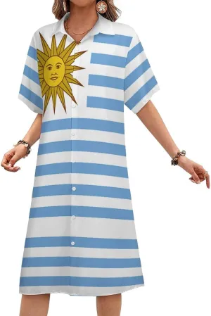 Guyana Flag Womens Button Down Shirt Dress Summer Simple Short Sleeve Shift Dresses with Pockets