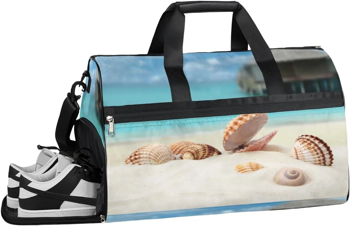 Hawaiian Beach Shells Sports Gym Bag with Wet Pocket & Shoes Compartment Waterproof Workout Duffel Bag for Women and Men Weekender Overnight Duffle Bag Travel Carry-on Tote