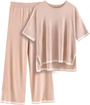 HEEKPEK 2 Piece Sets for Women Summer Outfits Travel Lounge Short Sleeve Sweater Matching Knit Pullover Tops Wide Leg Pants