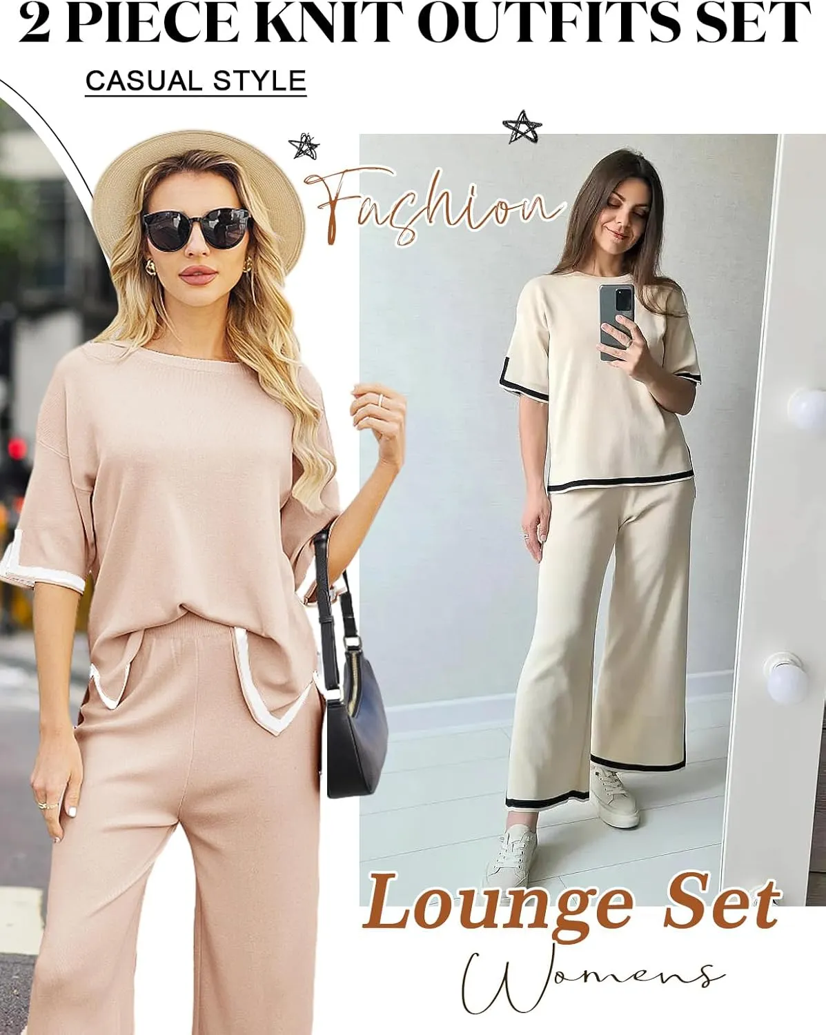 HEEKPEK 2 Piece Sets for Women Summer Outfits Travel Lounge Short Sleeve Sweater Matching Knit Pullover Tops Wide Leg Pants