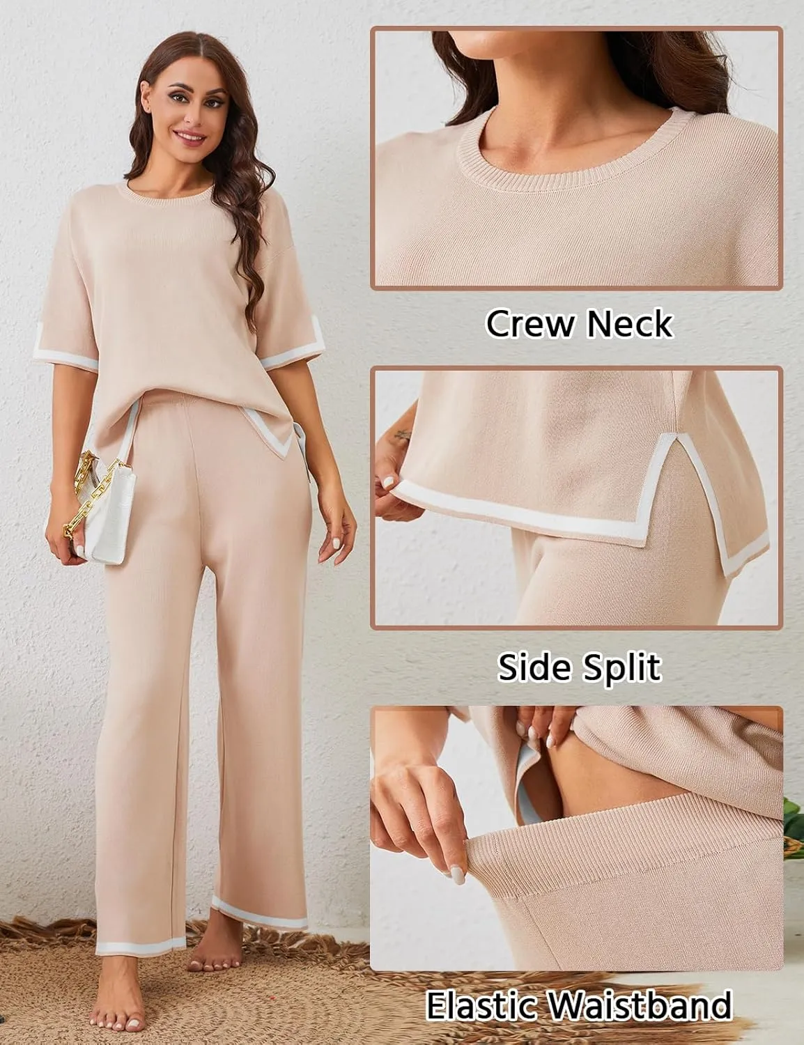 HEEKPEK 2 Piece Sets for Women Summer Outfits Travel Lounge Short Sleeve Sweater Matching Knit Pullover Tops Wide Leg Pants