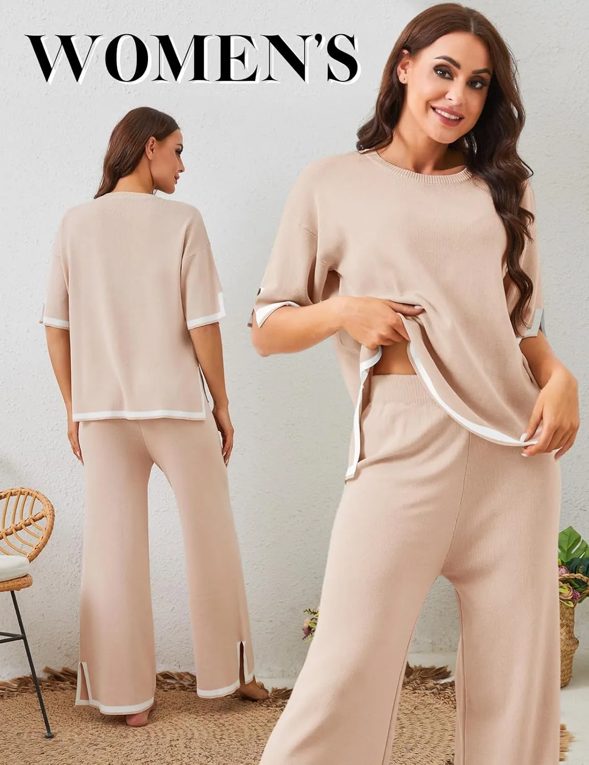 HEEKPEK 2 Piece Sets for Women Summer Outfits Travel Lounge Short Sleeve Sweater Matching Knit Pullover Tops Wide Leg Pants