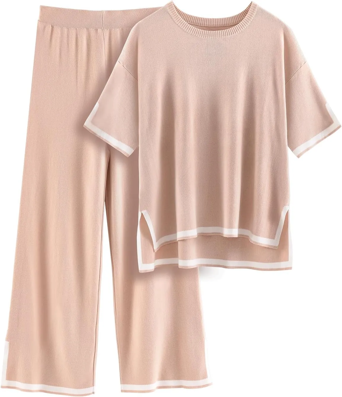 HEEKPEK 2 Piece Sets for Women Summer Outfits Travel Lounge Short Sleeve Sweater Matching Knit Pullover Tops Wide Leg Pants