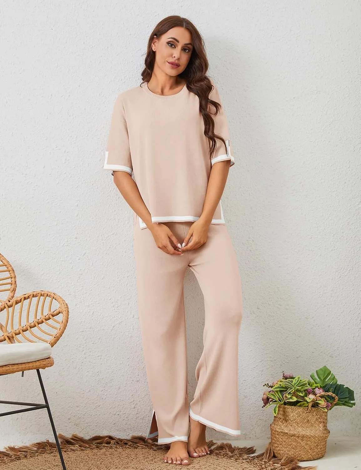 HEEKPEK 2 Piece Sets for Women Summer Outfits Travel Lounge Short Sleeve Sweater Matching Knit Pullover Tops Wide Leg Pants