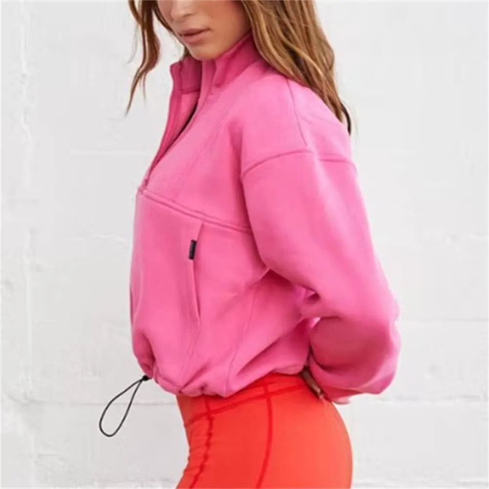 HOULENGS Women's Casual Half Zip Up Cropped Sweatshirts Long Sleeve Lapel Pullover Sweatshirts with Pockets