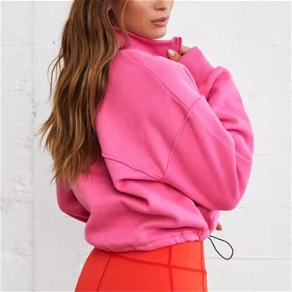 HOULENGS Women's Casual Half Zip Up Cropped Sweatshirts Long Sleeve Lapel Pullover Sweatshirts with Pockets