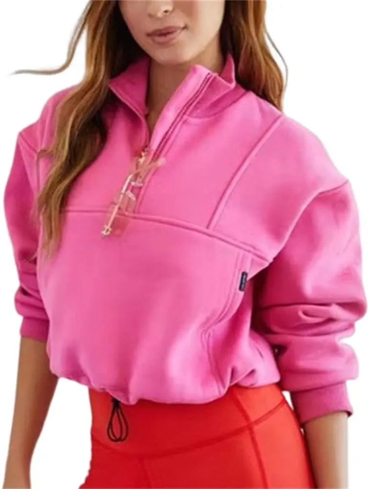 HOULENGS Women's Casual Half Zip Up Cropped Sweatshirts Long Sleeve Lapel Pullover Sweatshirts with Pockets