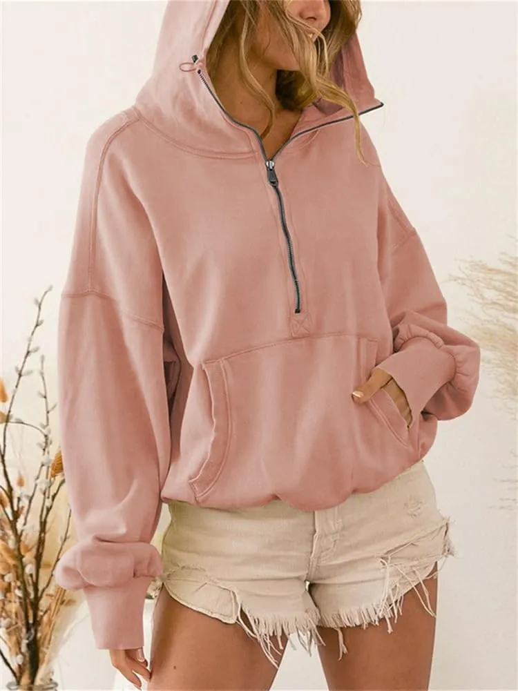 HOULENGS Women's Casual Half Zip Up Hooded Sweatshirt Long Sleeve Drawstring Pullover Sweatshirt with Pocket