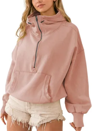 HOULENGS Women's Casual Half Zip Up Hooded Sweatshirt Long Sleeve Drawstring Pullover Sweatshirt with Pocket