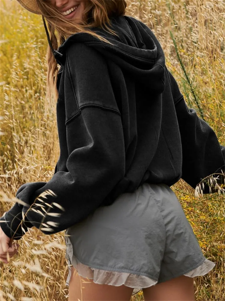 HOULENGS Women's Casual Half Zip Up Hooded Sweatshirt Long Sleeve Drawstring Pullover Sweatshirt with Pocket