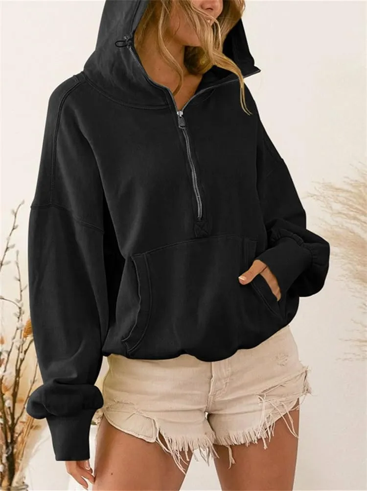 HOULENGS Women's Casual Half Zip Up Hooded Sweatshirt Long Sleeve Drawstring Pullover Sweatshirt with Pocket